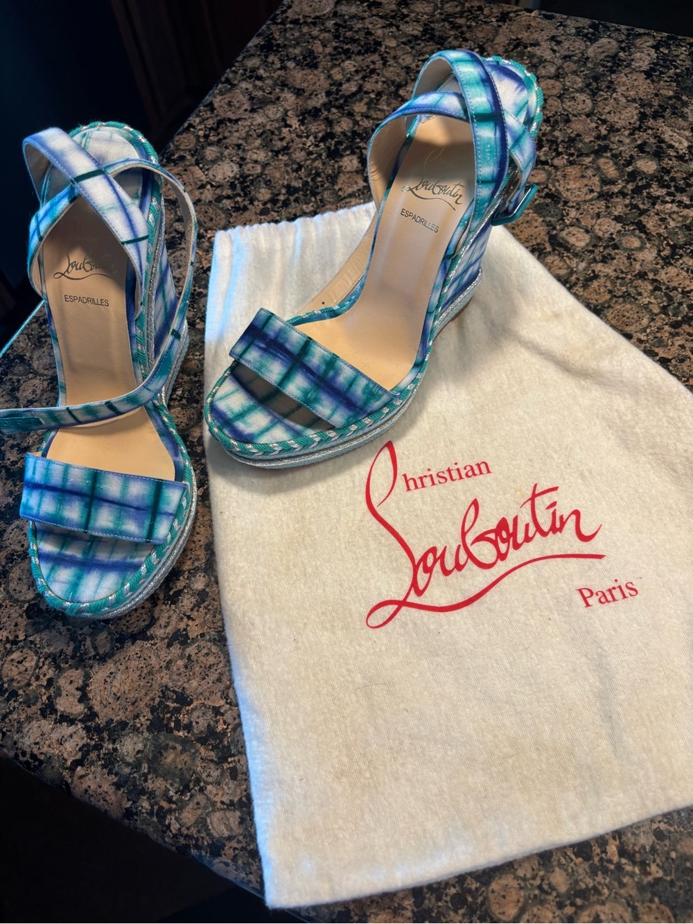 Christian Louboutin Teal & Blue Plaid Espadrille Wedge Sandals